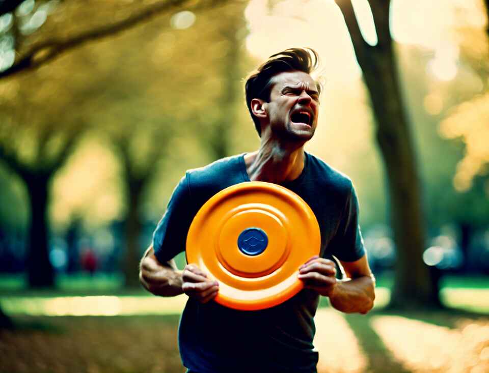 A disc golfer attempting to throw a disc with lots of back pain.
